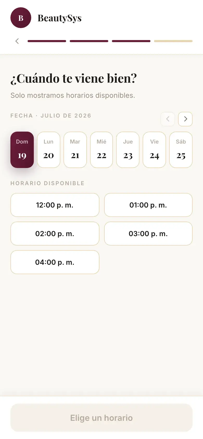 Paso de fecha y hora de la reserva en línea