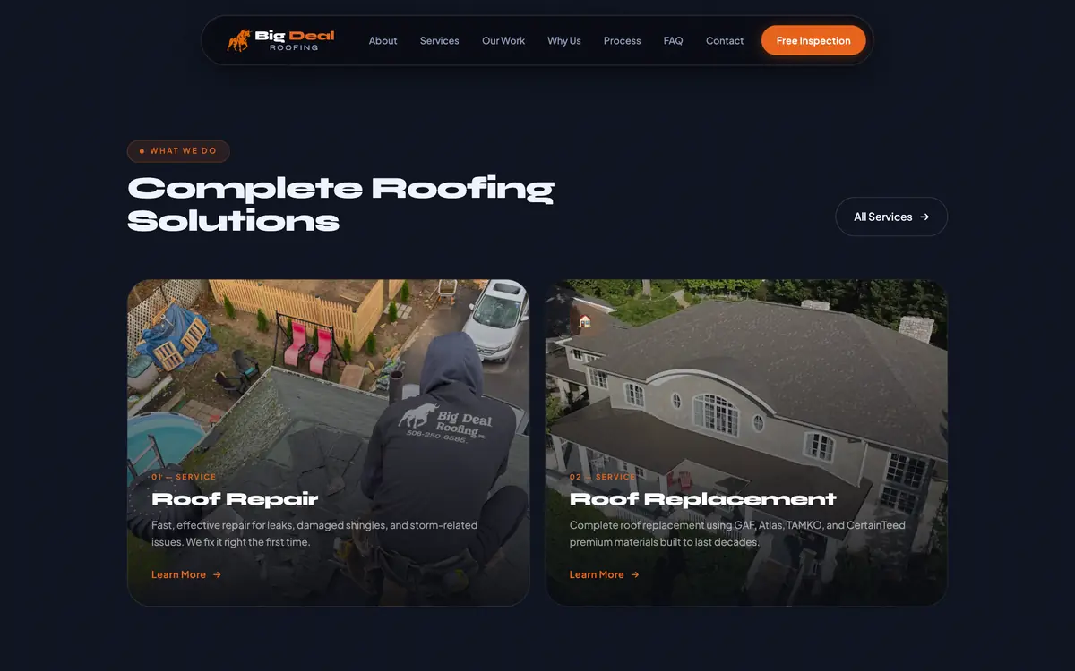 Servicios en la página web de Big Deal Roofing
