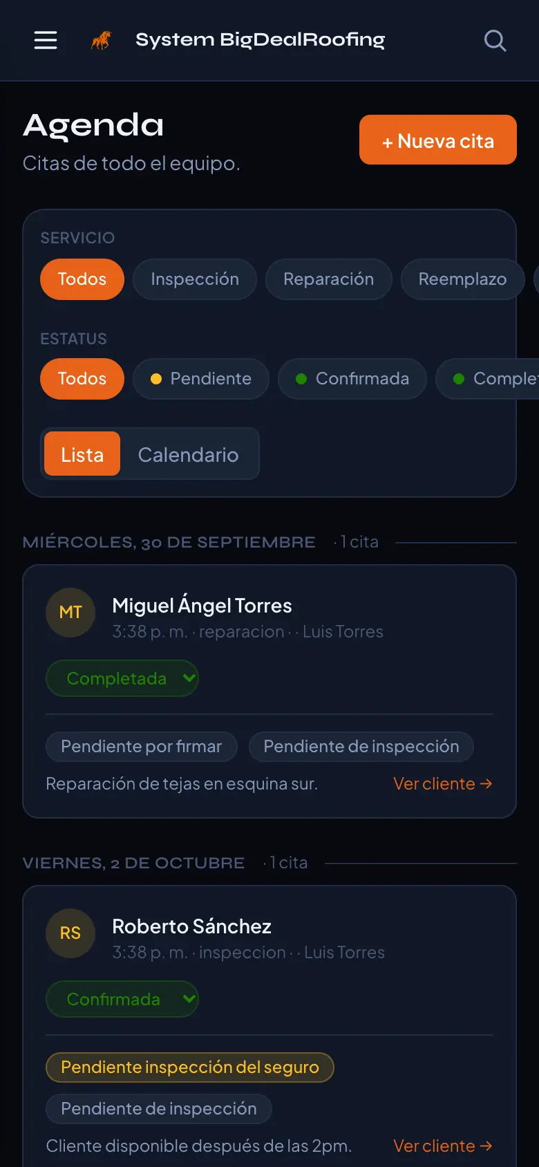 Agenda del equipo en el teléfono
