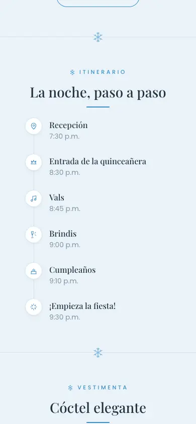 Itinerario de la noche: recepción, entrada de la quinceañera, vals, brindis, cumpleaños y fiesta
