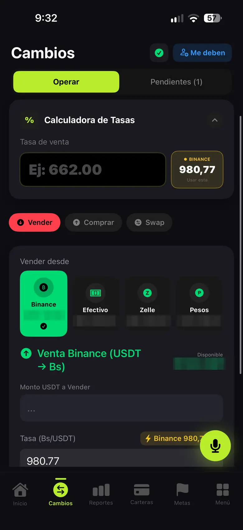 Cambios en MyManage: calculadora de tasas con la tasa de Binance y venta desde cada cartera (saldos pixelados)