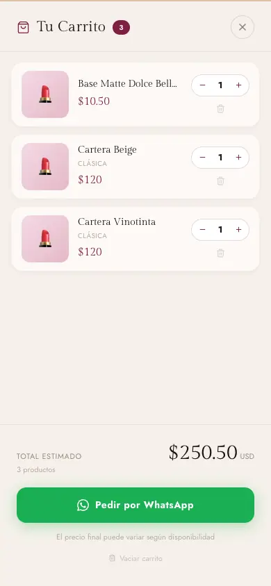 Carrito con tres productos, total estimado y botón «Pedir por WhatsApp»