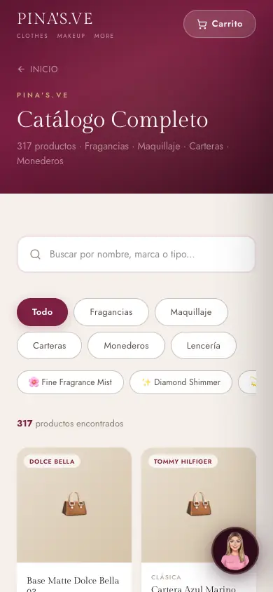 Catálogo de Pina’s.ve en el celular con buscador y filtros