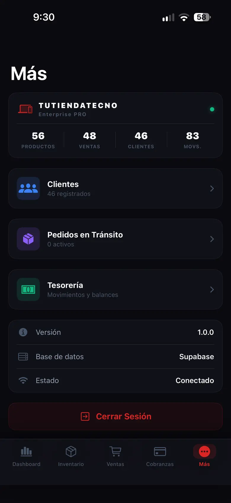Pestaña Más de TuTiendaTecno PRO: productos, ventas, clientes, pedidos y tesorería