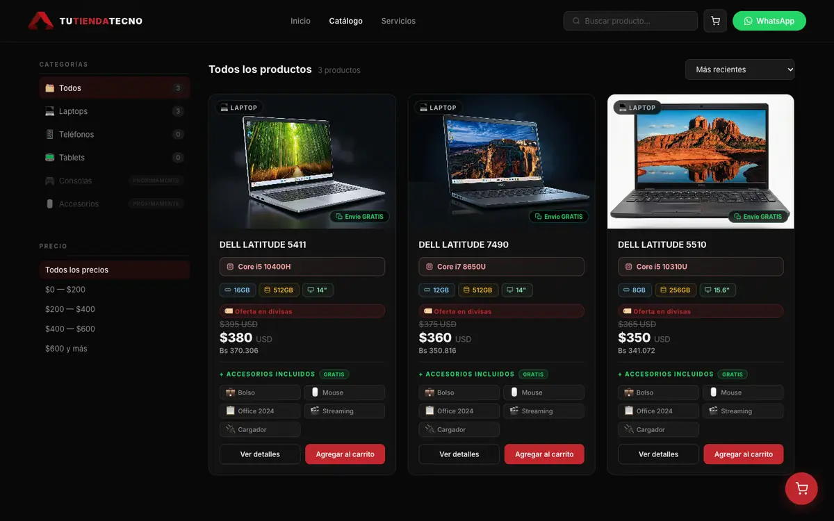 Catálogo de TuTiendaTecno: filtros a la izquierda y laptops con specs, precio en USD y Bs y botón «Agregar al carrito»